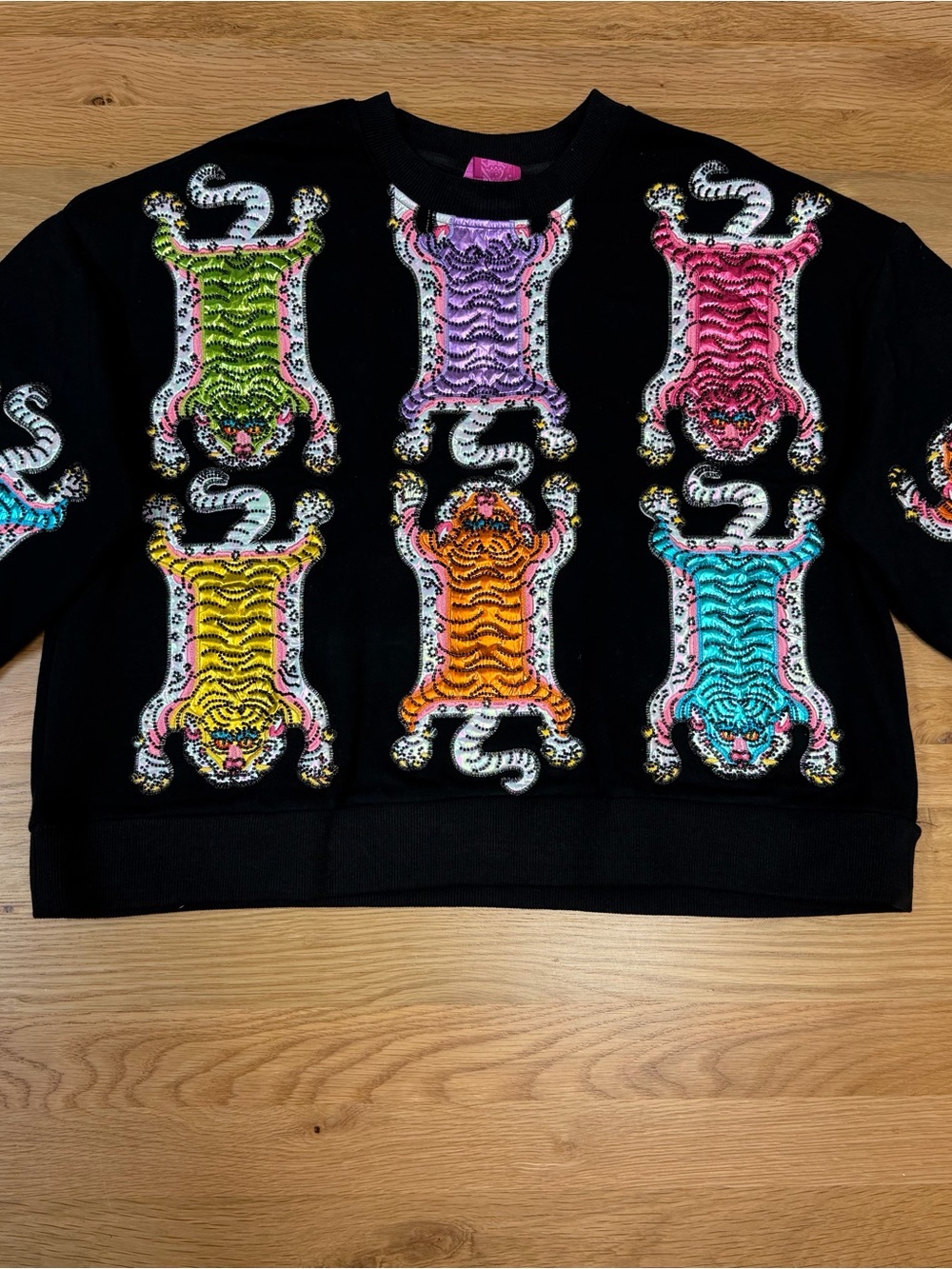 QUEEN OF SPARKLES Black Crewneck Sweater with Multicolor Tiger Embroidery